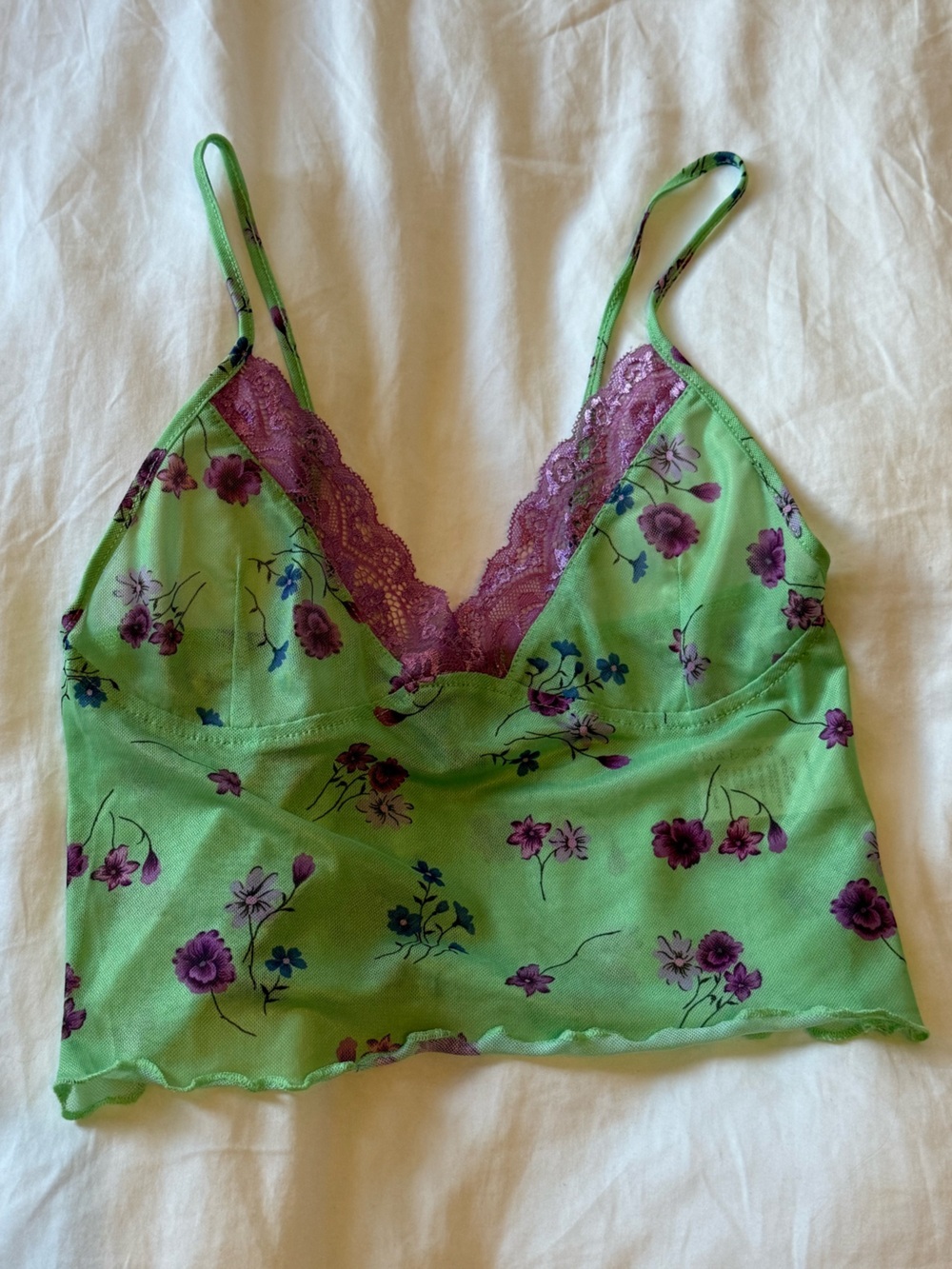 Motel Rocks Green Floral Slip crop top with Purple Lace Trim and flowers